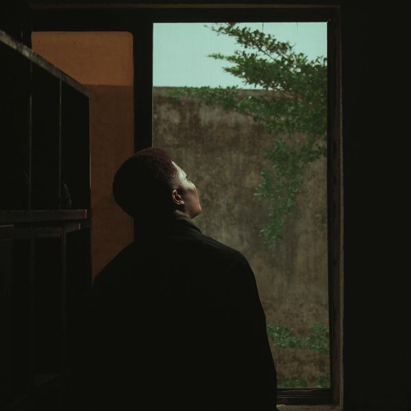 Man meditating peacefully in a calm, dimly lit room with natural elements.